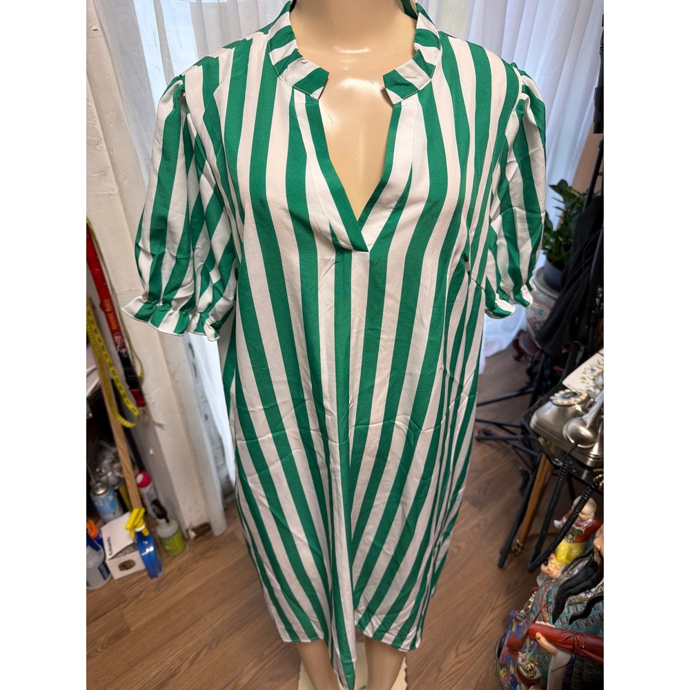 Green White Vertical Striped Puff Sleeve Midi Dress Button Back Split V-Neck
